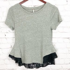 Free People | Gray & Lace Peplum Short Slv Tee | S